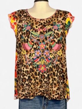 Ivy Jane Embroidered Bird Floral Leopard Swing Top Rayon Boho Artsy Medium